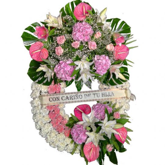 corona de flores para difuntos rosa y blanca